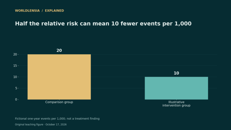 Fictional one-year events fall from 20 to 10 per 1,000, a one-percentage-point absolute and 50-percent relative reduction