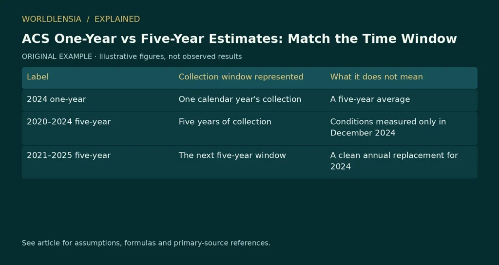Illustrative table for ACS One-Year vs Five-Year Estimates: Match the Time Window. Label | Collection window represented | What it does not mean; 2024 one-year | One calendar year's collection | A five-year average; 2020–2024 five-year | Five years of collection | Conditions measured only in December 2024; 2021–2025 five-year | The next five-year window | A clean annual replacement for 2024. Original fictional examples or explanatory categories, not observed results.