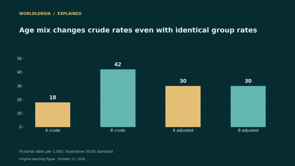 Fictional crude rates of 18 and 42 per 1,000 become 30 each with an illustrative equal-age standard