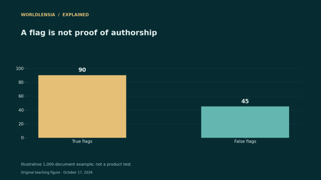 Hypothetical detector flags: 90 correctly identified AI texts and 45 incorrectly flagged human texts