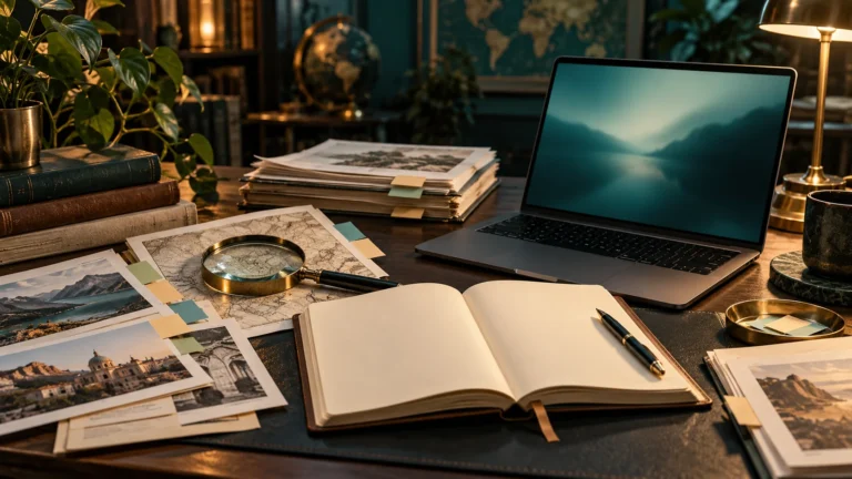 Notebook, source papers and magnifying glass beside a laptop on a research desk
