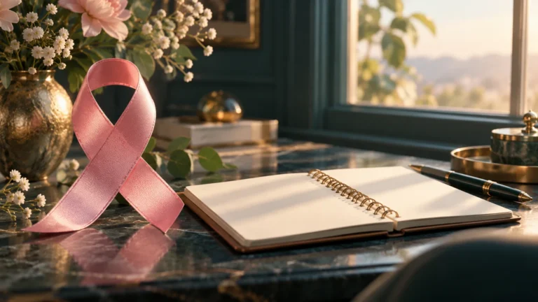 Respectful editorial illustration of a pink ribbon and appointment notebook