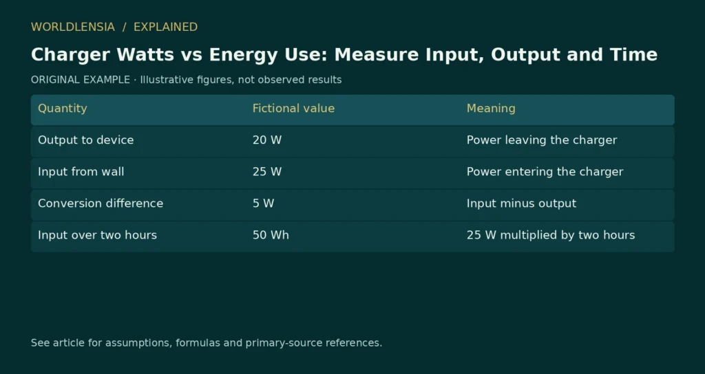 Illustrative table for Charger Watts vs Energy Use: Measure Input, Output and Time. Quantity | Fictional value | Meaning; Output to device | 20 W | Power leaving the charger; Input from wall | 25 W | Power entering the charger; Conversion difference | 5 W | Input minus output; Input over two hours | 50 Wh | 25 W multiplied by two hours. Original fictional examples or explanatory categories, not observed results.