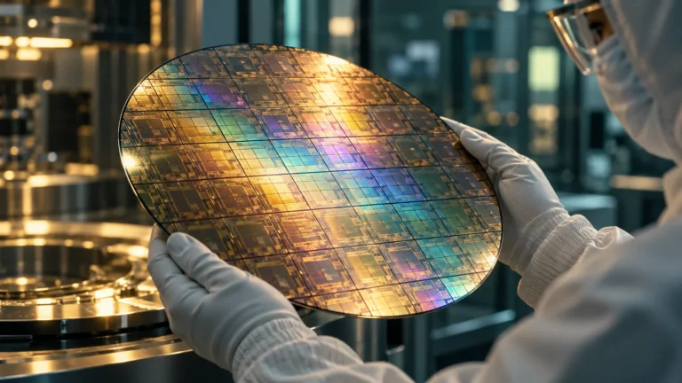 Editorial illustration of an iridescent silicon wafer in a semiconductor cleanroom