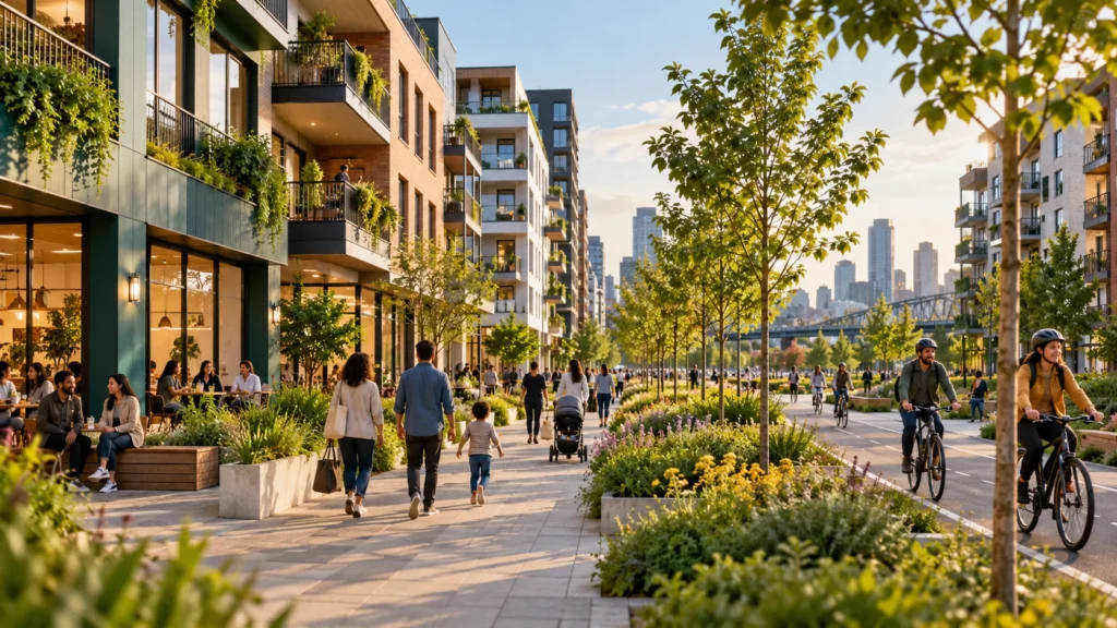 Illustration of a renovated urban neighborhood with apartments, trees and accessible pedestrian space