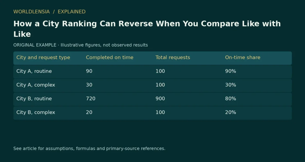Illustrative table for How a City Ranking Can Reverse When You Compare Like with Like. City and request type | Completed on time | Total requests | On-time share; City A, routine | 90 | 100 | 90%; City A, complex | 30 | 100 | 30%; City B, routine | 720 | 900 | 80%; City B, complex | 20 | 100 | 20%. Original fictional examples or explanatory categories, not observed results.