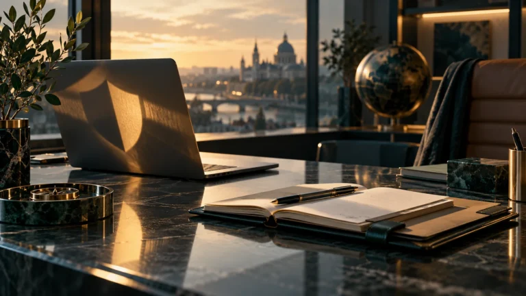 Concept illustration of a security analyst’s desk with a shield motif and audit notebook