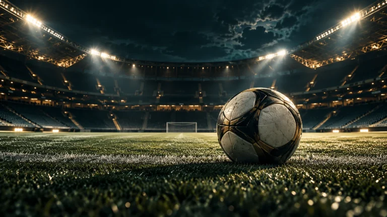 Editorial illustration of a football on a floodlit stadium pitch