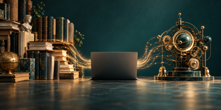 Concept illustration of a laptop between a source-document library and a model-like mechanical sculpture