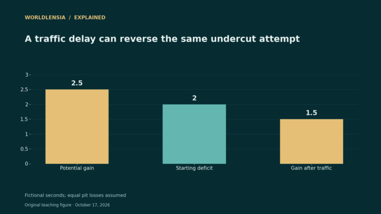 Fictional 2.5-second undercut gain exceeds a 2-second deficit, but 1 second of traffic reverses the outcome