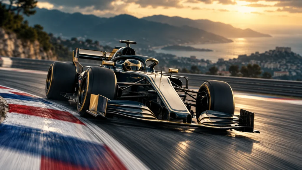 Concept illustration of an unbranded racing car on a red, white and blue circuit corner