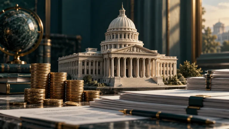 Editorial illustration of a civic building and carefully balanced coin stacks