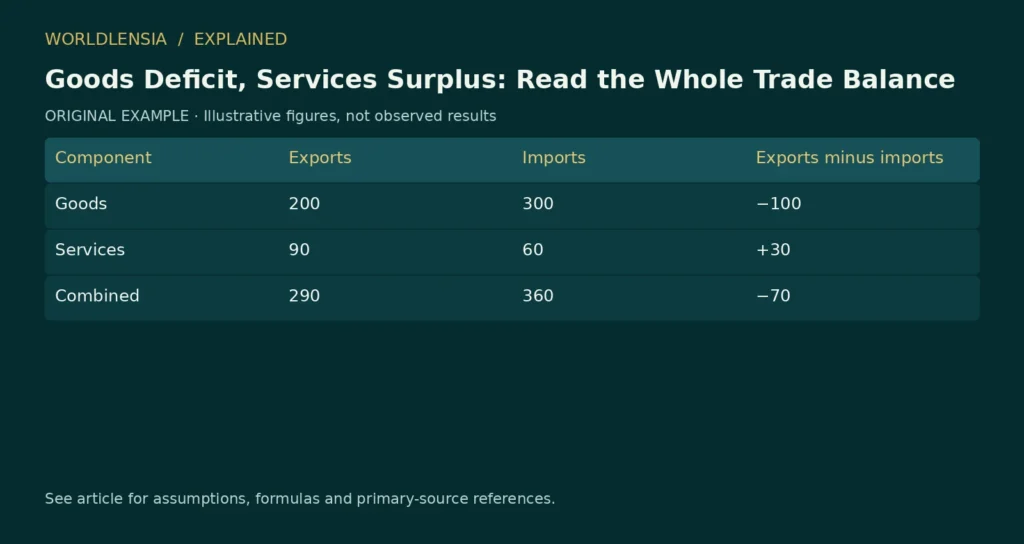 Illustrative table for Goods Deficit, Services Surplus: Read the Whole Trade Balance. Component | Exports | Imports | Exports minus imports; Goods | 200 | 300 | −100; Services | 90 | 60 | +30; Combined | 290 | 360 | −70. Original fictional examples or explanatory categories, not observed results.
