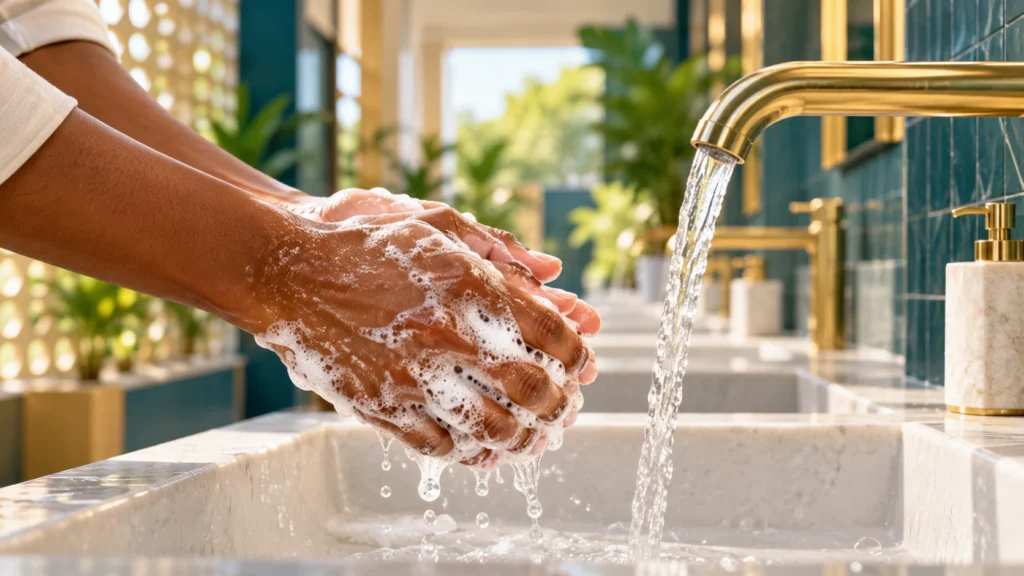 Illustration of adult hands being washed with soap beside a running tap