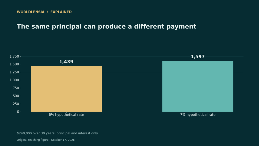 Hypothetical monthly principal and interest of 1,439 versus 1,597 dollars on a 240,000-dollar 30-year loan