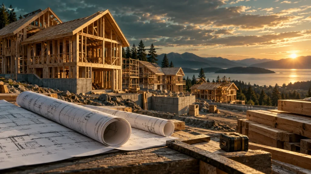 Editorial illustration of unfinished timber homes and a blueprint roll