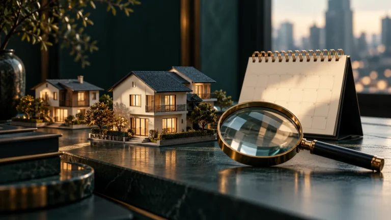 Editorial illustration of miniature homes beside a calendar and magnifying glass