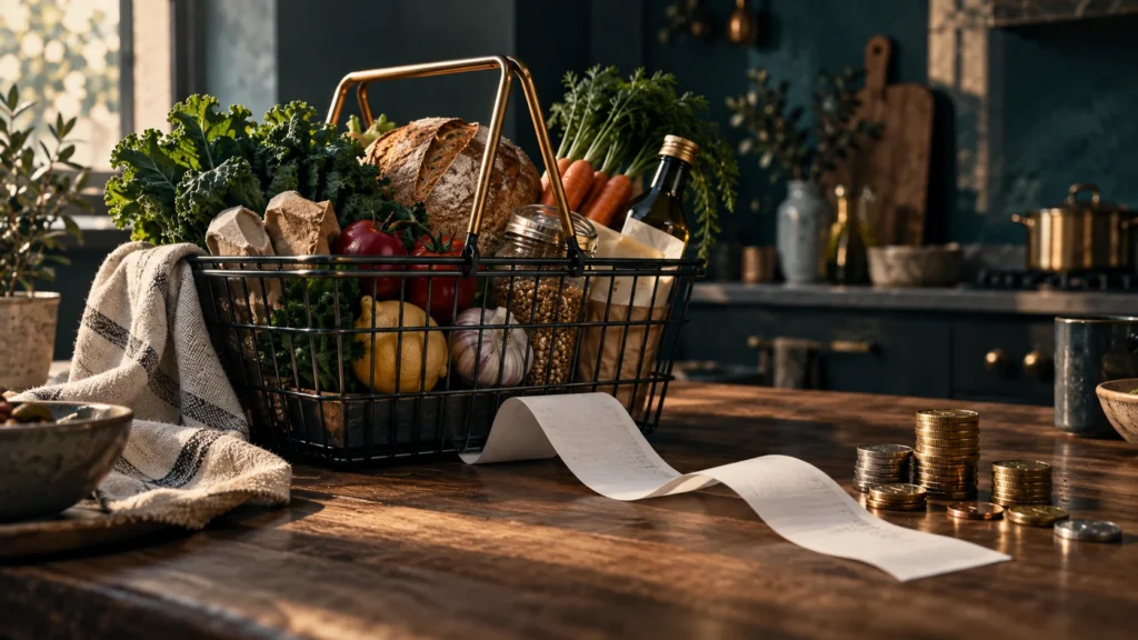 Editorial illustration of groceries, a receipt and coins on a kitchen table
