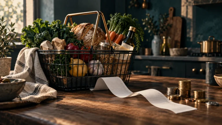 Editorial illustration of groceries, a receipt and coins on a kitchen table