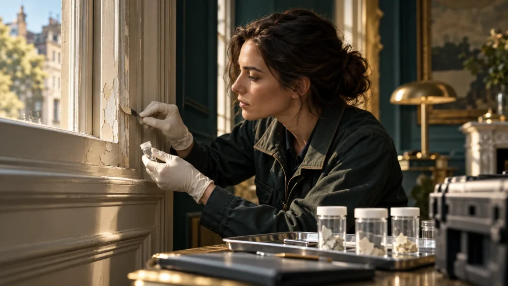 Concept illustration of a gloved environmental technician inspecting a painted window