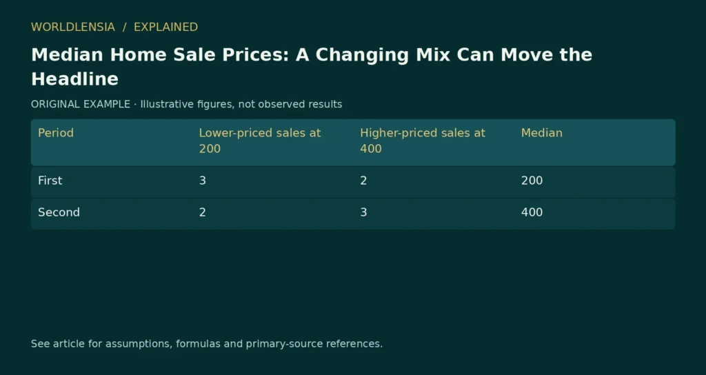 Illustrative table for Median Home Sale Prices: A Changing Mix Can Move the Headline. Period | Lower-priced sales at 200 | Higher-priced sales at 400 | Median; First | 3 | 2 | 200; Second | 2 | 3 | 400. Original fictional examples or explanatory categories, not observed results.