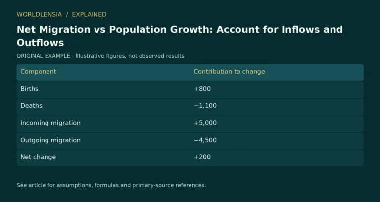 Illustrative table for Net Migration vs Population Growth: Account for Inflows and Outflows. Component | Contribution to change; Births | +800; Deaths | −1,100; Incoming migration | +5,000; Outgoing migration | −4,500; Net change | +200. Original fictional examples or explanatory categories, not observed results.