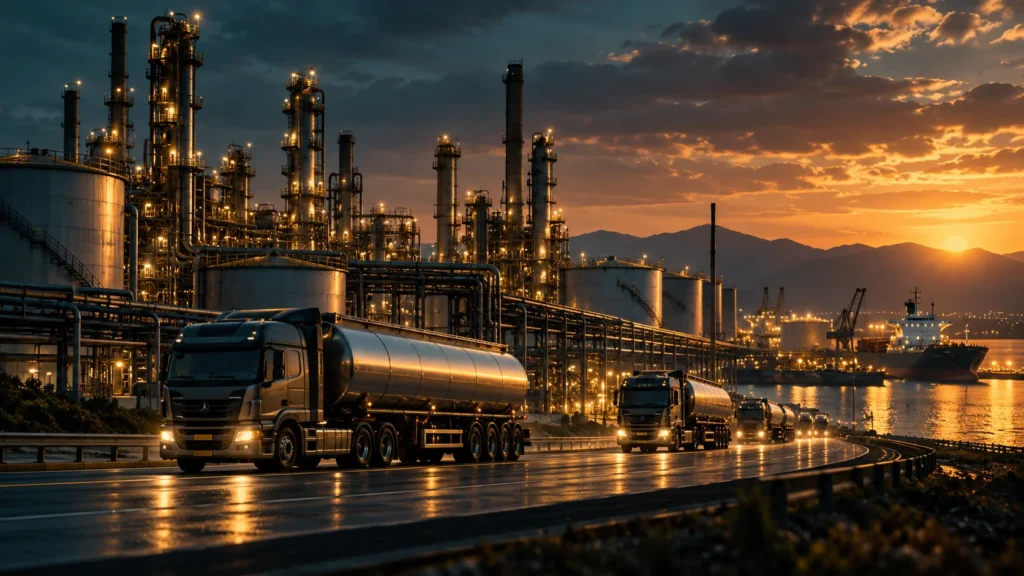 Editorial illustration of a refinery and freight trucks at dusk