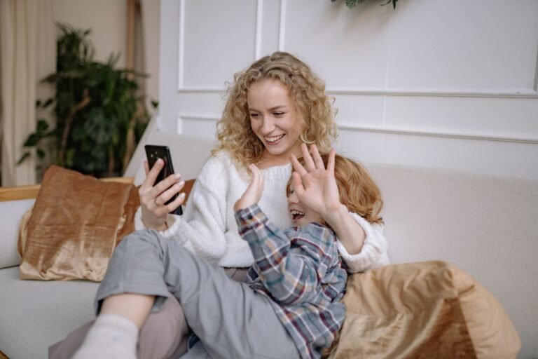 a woman in a video call with her son