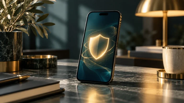 Concept illustration of an unbranded phone with a security shield motif