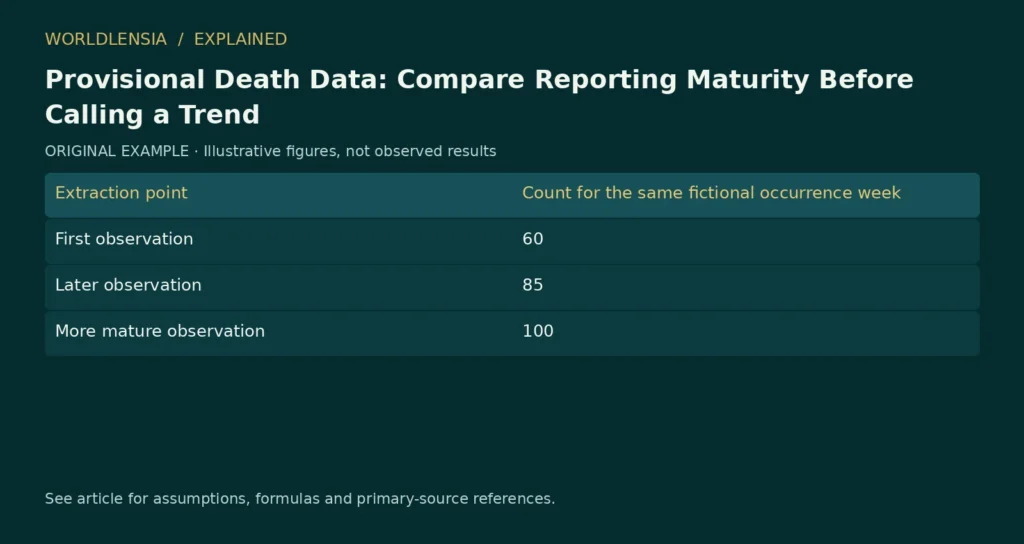 Illustrative table for Provisional Death Data: Compare Reporting Maturity Before Calling a Trend. Extraction point | Count for the same fictional occurrence week; First observation | 60; Later observation | 85; More mature observation | 100. Original fictional examples or explanatory categories, not observed results.