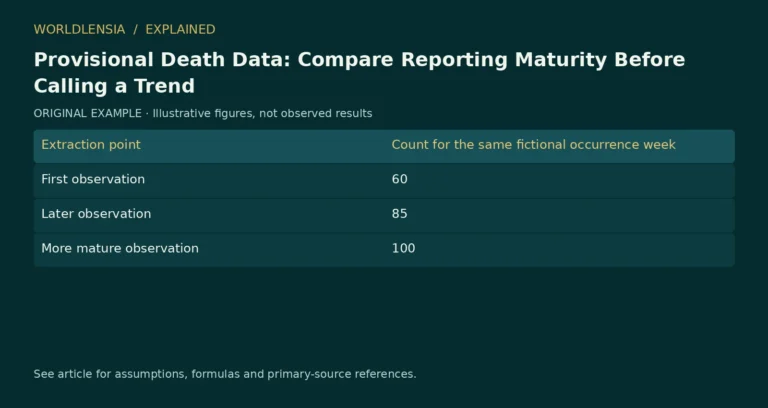 Illustrative table for Provisional Death Data: Compare Reporting Maturity Before Calling a Trend. Extraction point | Count for the same fictional occurrence week; First observation | 60; Later observation | 85; More mature observation | 100. Original fictional examples or explanatory categories, not observed results.
