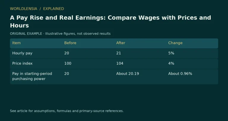 Illustrative table for A Pay Rise and Real Earnings: Compare Wages with Prices and Hours. Item | Before | After | Change; Hourly pay | 20 | 21 | 5%; Price index | 100 | 104 | 4%; Pay in starting-period purchasing power | 20 | About 20.19 | About 0.96%. Original fictional examples or explanatory categories, not observed results.
