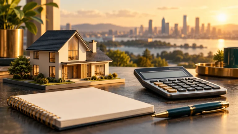 Editorial illustration of a model house beside a calculator and budget notebook