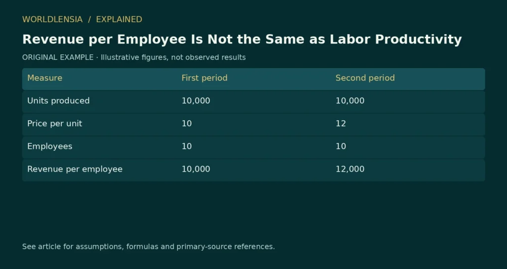 Illustrative table for Revenue per Employee Is Not the Same as Labor Productivity. Measure | First period | Second period; Units produced | 10,000 | 10,000; Price per unit | 10 | 12; Employees | 10 | 10; Revenue per employee | 10,000 | 12,000. Original fictional examples or explanatory categories, not observed results.