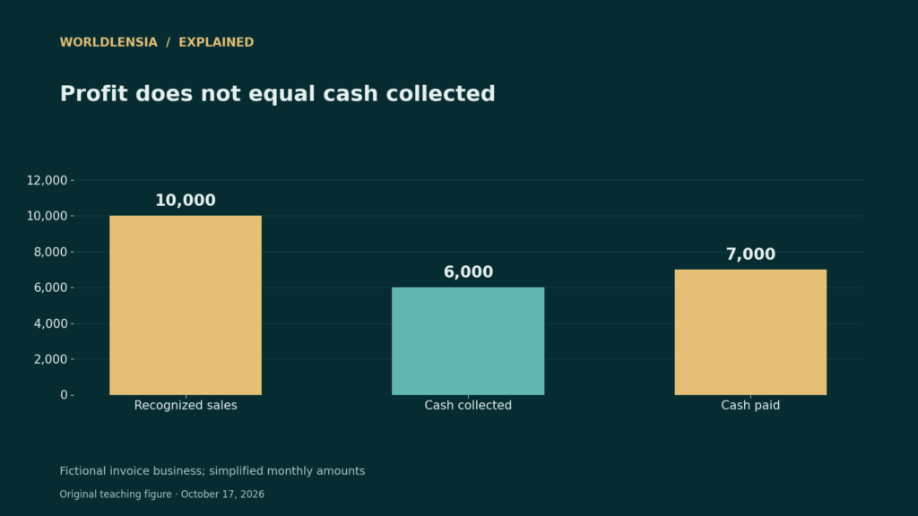 Fictional invoice business: 10,000 dollars recognized sales, 6,000 dollars cash collected, and 7,000 dollars cash paid
