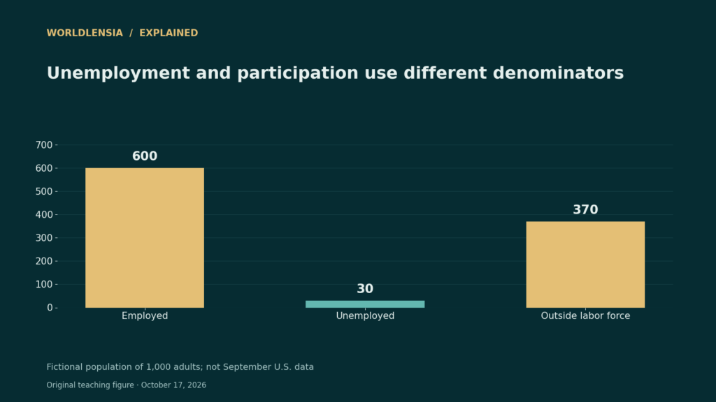Fictional 1,000-adult population: 600 employed, 30 unemployed, and 370 outside the labor force