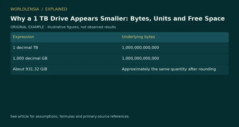 Illustrative table for Why a 1 TB Drive Appears Smaller: Bytes, Units and Free Space. Expression | Underlying bytes; 1 decimal TB | 1,000,000,000,000; 1,000 decimal GB | 1,000,000,000,000; About 931.32 GiB | Approximately the same quantity after rounding. Original fictional examples or explanatory categories, not observed results.