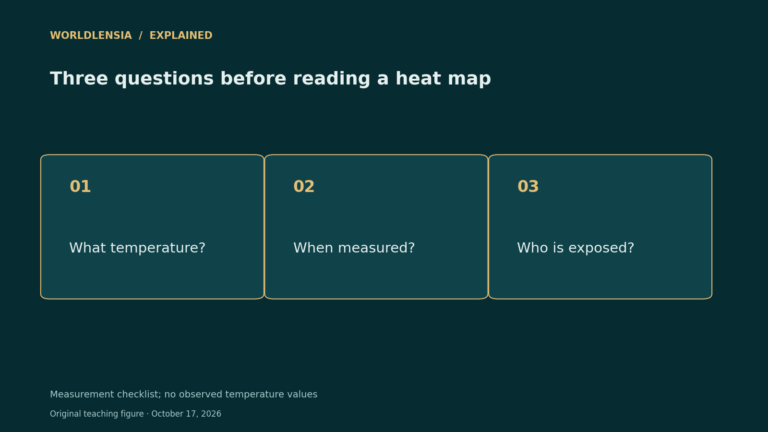 Heat-map checklist: identify the temperature measured, the observation time, and the exposed population