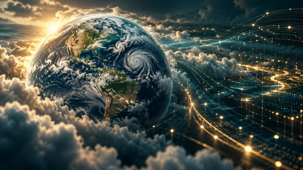Concept illustration of a cloud-covered globe beside computing lights