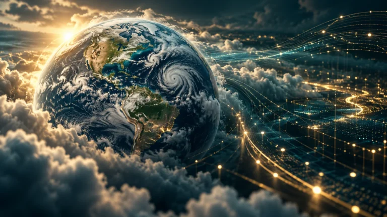 Concept illustration of a cloud-covered globe beside computing lights
