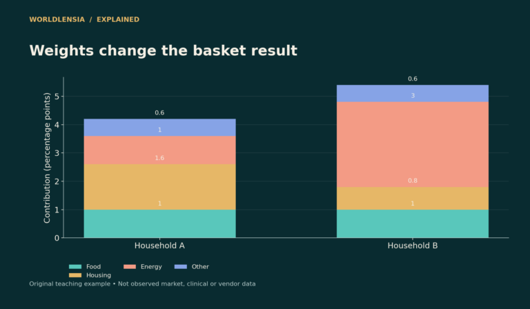 Invented spending baskets: category contributions total 4.2% for Household A and 5.4% for Household B.