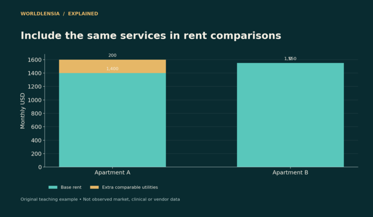Fictional apartments: A costs $1,400 plus $200 utilities; B costs $1,550 including those utilities.