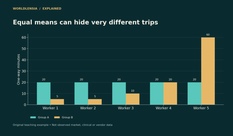Two invented five-worker groups both average 20 minutes, but their trip distributions differ.