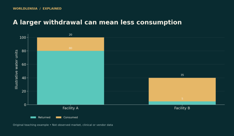 Simplified fictional water balance: Facility A withdraws 100 and consumes 20; B withdraws 40 and consumes 35.