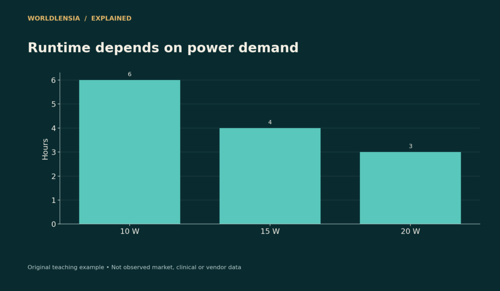 Idealized 60 Wh energy calculation: 6, 4 and 3 hours at constant average draws of 10, 15 and 20 W.