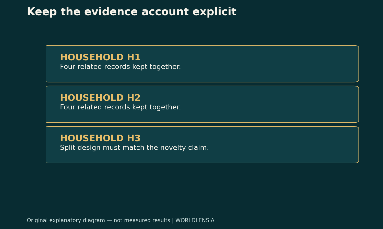 Original illustrative diagram. HOUSEHOLD H1: Four related records kept together. HOUSEHOLD H2: Four related records kept together. HOUSEHOLD H3: Split design must match the novelty claim.