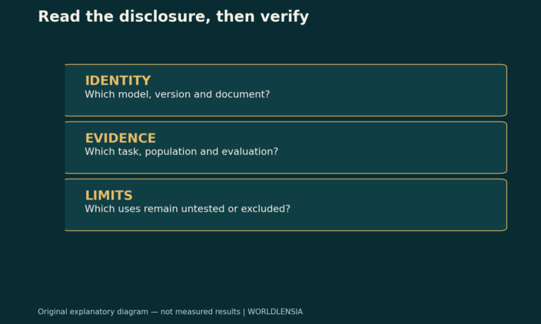 Read the disclosure, then verify. IDENTITY: Which model, version and document? EVIDENCE: Which task, population and evaluation? LIMITS: Which uses remain untested or excluded? Original explanatory diagram.