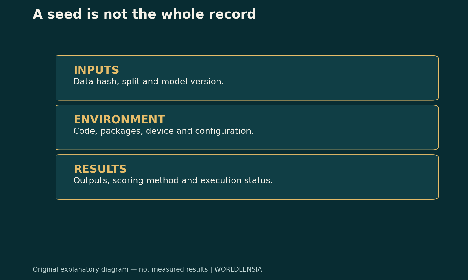 A seed is not the whole record. INPUTS: Data hash, split and model version. ENVIRONMENT: Code, packages, device and configuration. RESULTS: Outputs, scoring method and execution status. Original explanatory diagram.