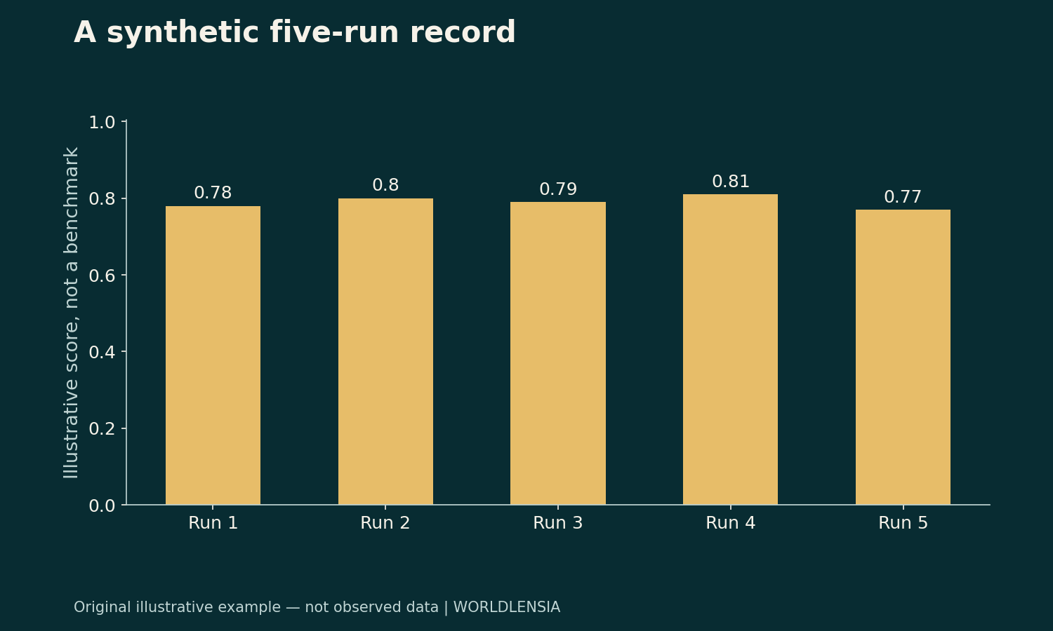 Illustrative data: Run 1 0.78; Run 2 0.8; Run 3 0.79; Run 4 0.81; Run 5 0.77. Illustrative score, not a benchmark. Not observed data.