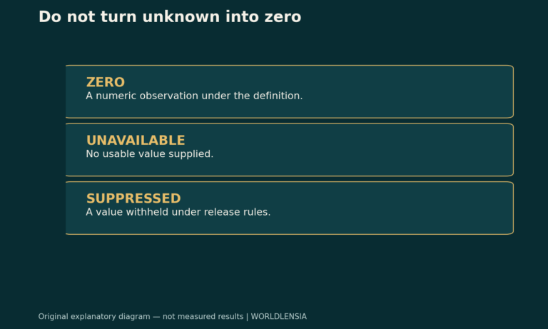 Do not turn unknown into zero. ZERO: A numeric observation under the definition. UNAVAILABLE: No usable value supplied. SUPPRESSED: A value withheld under release rules. Original explanatory diagram.